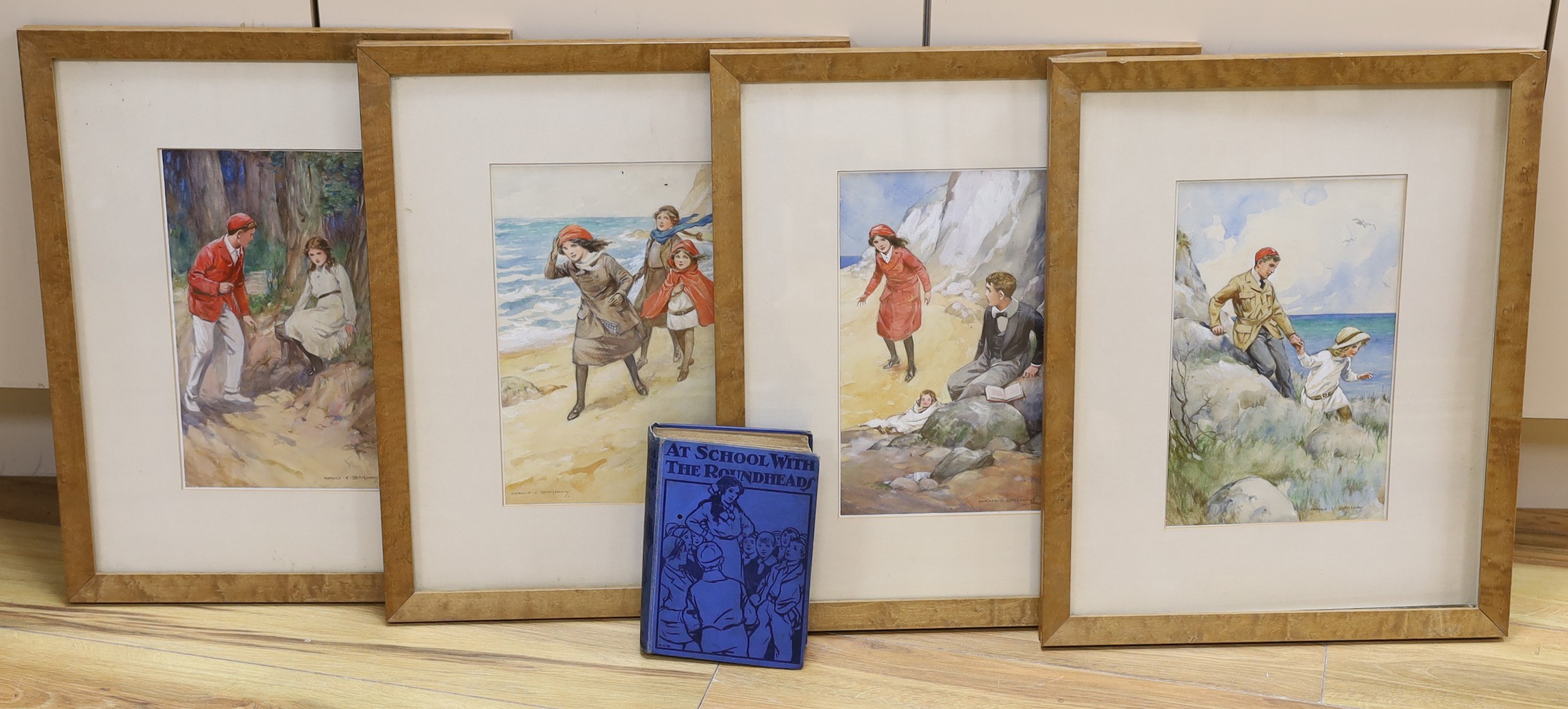 Original Artwork - Harold C. Earnshaw (1886-1937) - A set of four coloured illustrations for At School with the Roundheads, by Elsie Jeanette Oxenham, signed, 29 x 18.5cms., framed, together with a copy of the book, [191